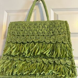Green Woven Fringe Tote Bag